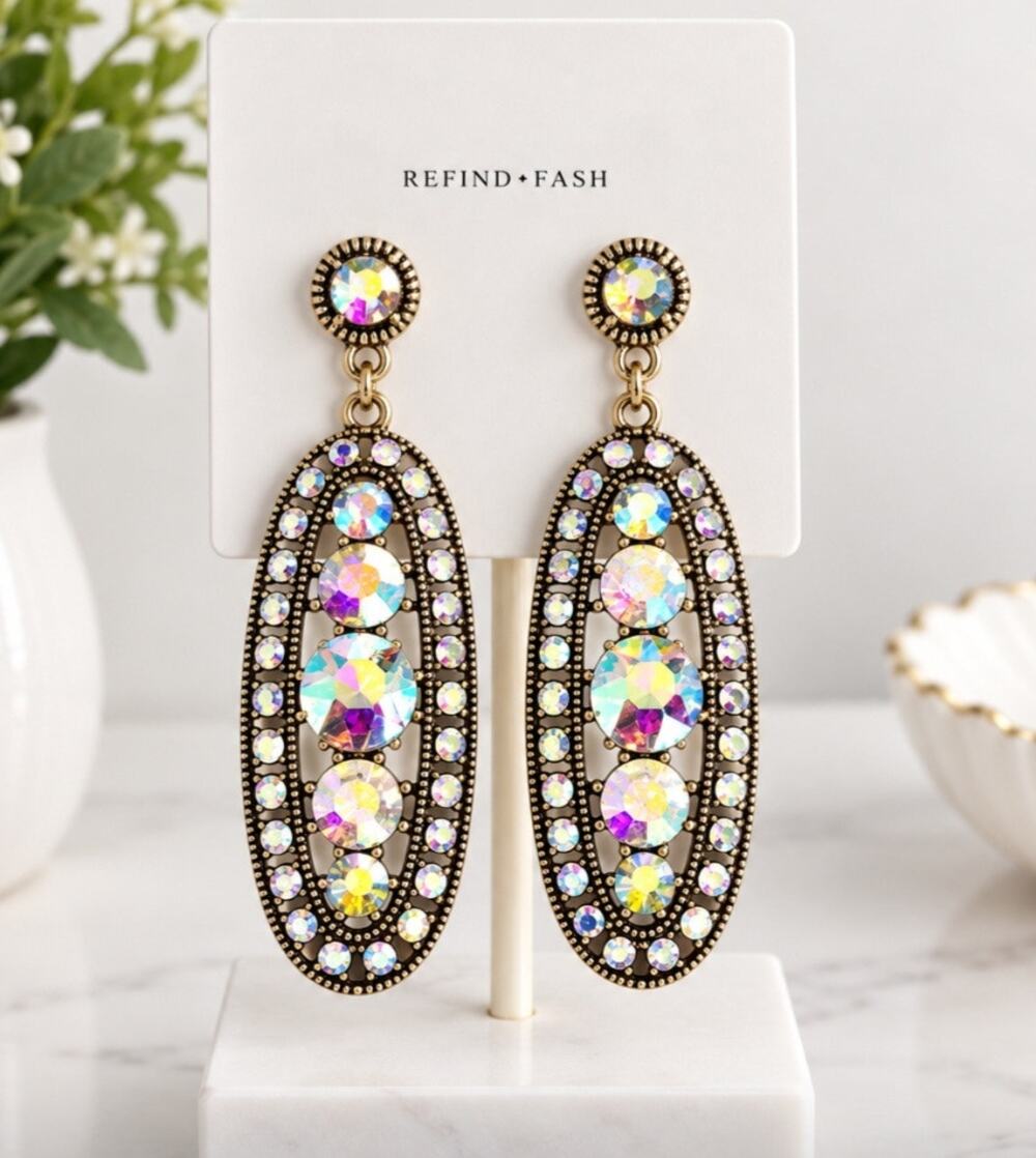 Gold AB Stones Oval Earrings New